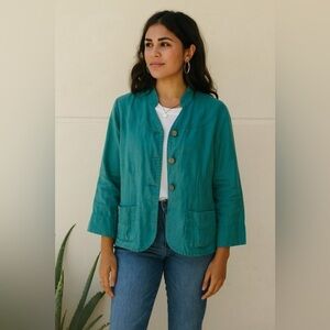 Vintage 90s Chico's Green Linen Jacket Blazer Teal Size 0